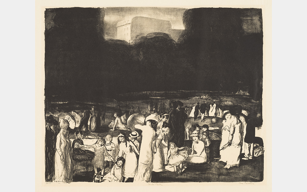 A print of women and girls gathered in a large, open park