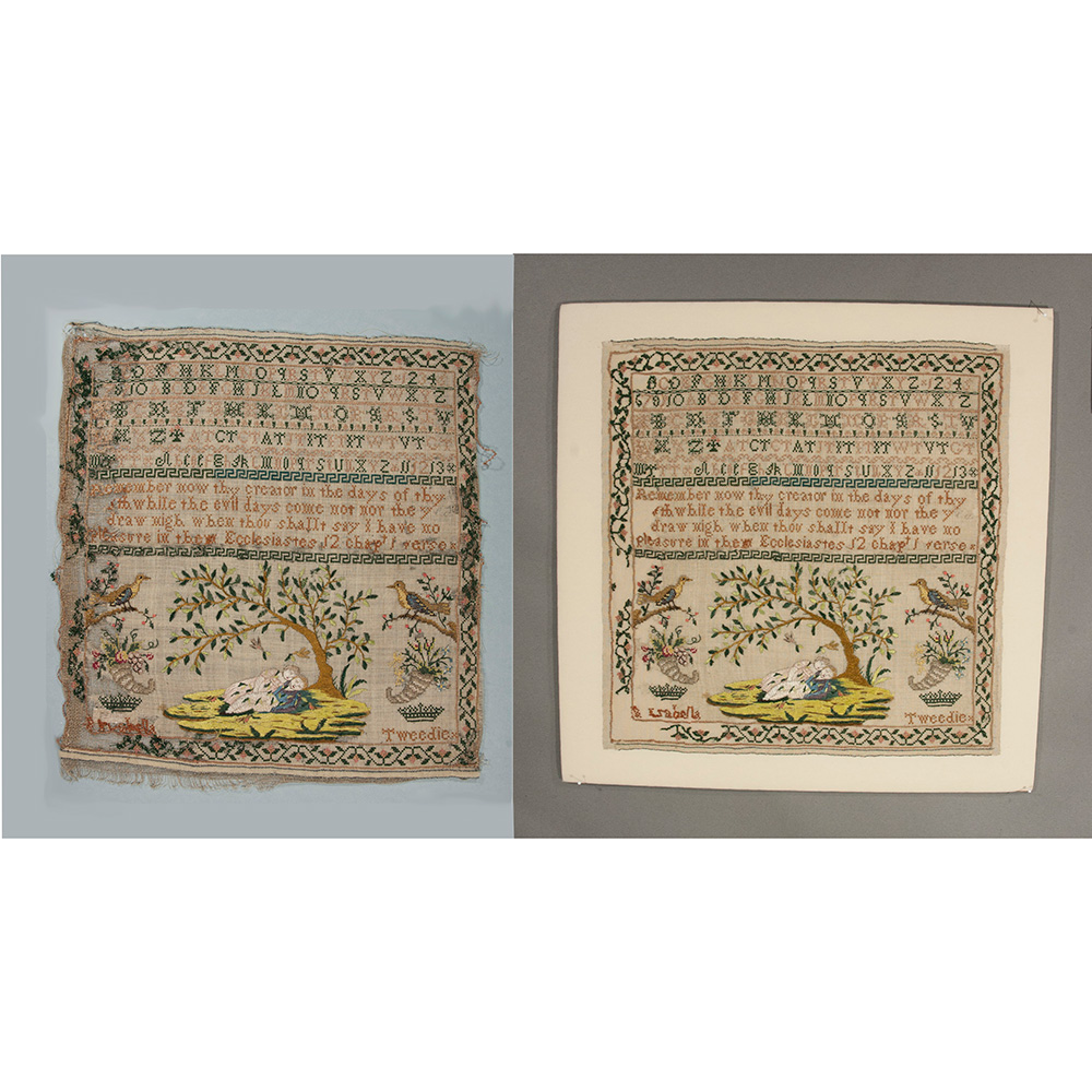 Before and after textile conservation of a piece with many words