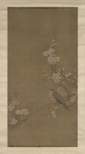 painting of two doves resting on the branch of a blossoming pear tree