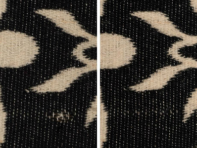 detail of a black and white wool coat before and after conservation