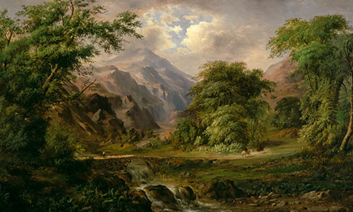painting of a wooded valley in a mountain range