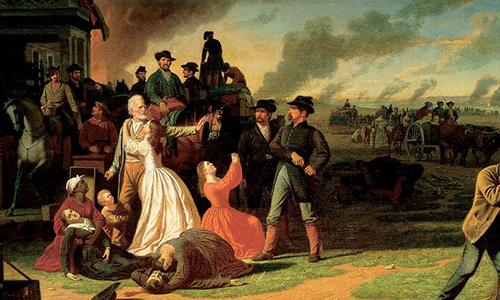 painting of a group of people and two deceased. A defiant man holds his hand out towards an soldier drawing a pistol
