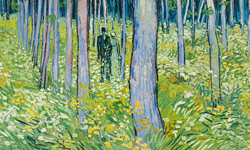 An impressionistic painting of two people standing together in a thicket of flowers and trees