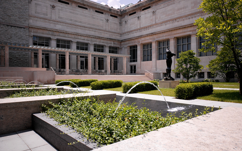 The Alice Bimel Courtyard has greenspace, sun, fountains and art