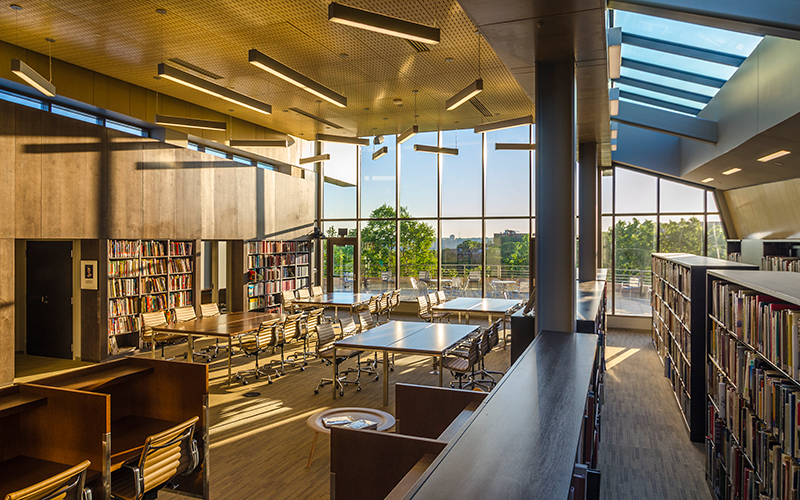 The Mary R. Schiff Library has massive picture windows and a balcony overlooking the downtown skylinle*