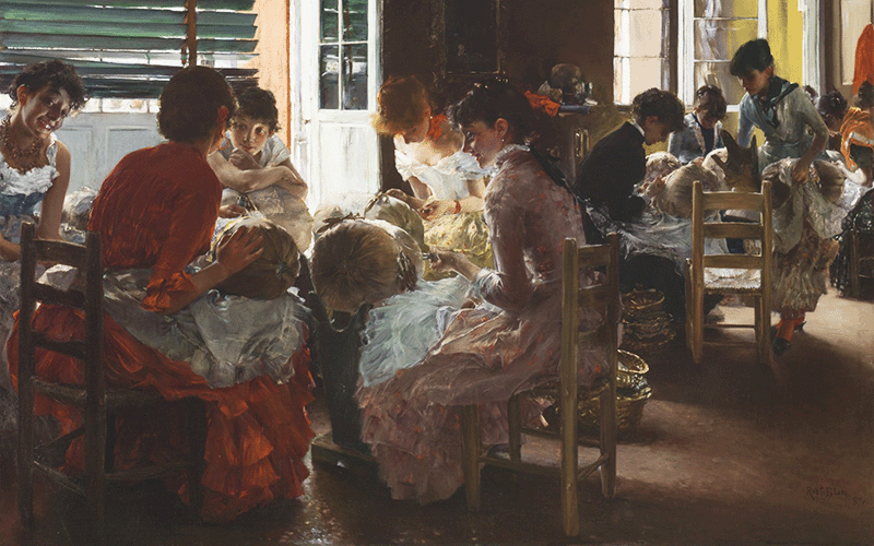 A painting of women making lace in a big room