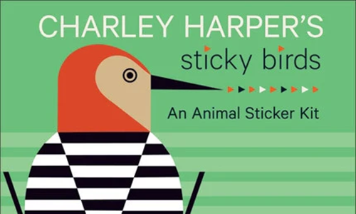 The cover of Charley Harper's Sticky Birds animal sticker kit, with a black and white striped bird with a red head.