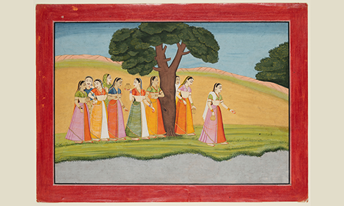 A red bordered painting of women in colorful dresses