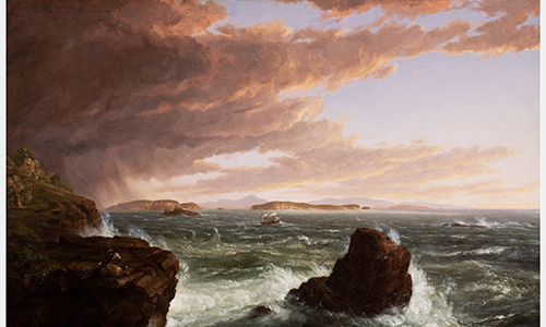 A painting of a turbulent sea with a storm blowing in.