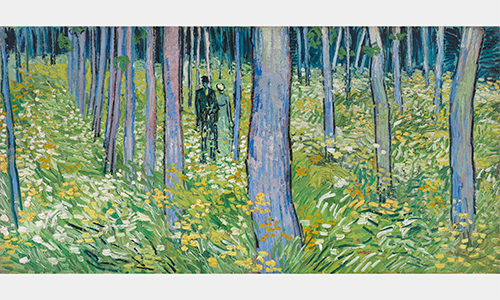 Two figures stand in a copse of thin trees and wildflowers.
