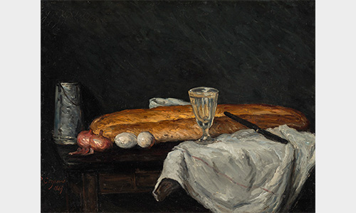 A still life painting with a long loaf of bread and two eggs on a table with a cloth