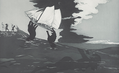 A black and white illustration of two Black hands reaching out of turbulent seas to grab a sailboat