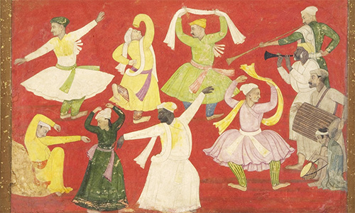 Many dancers circle on a red background