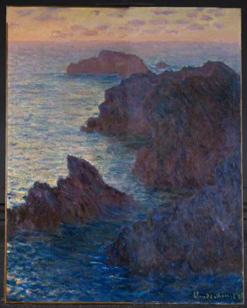 Claude Monet’s Rocks at Belle-Île, painting of a rocky shoreline at sunset