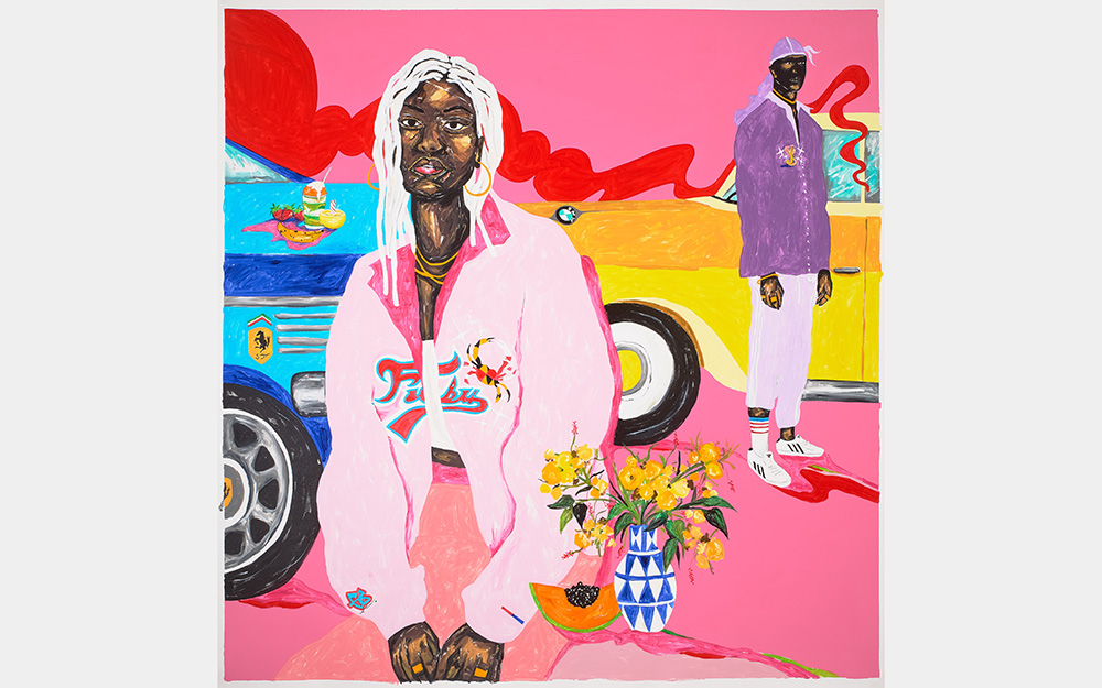 A painting of a Black woman wearing a pink jacket and sitting by fruit and flowers. In the background are two cars and a Black man wearing purple.