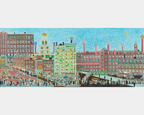 A colorful image of a cityscape filled with people