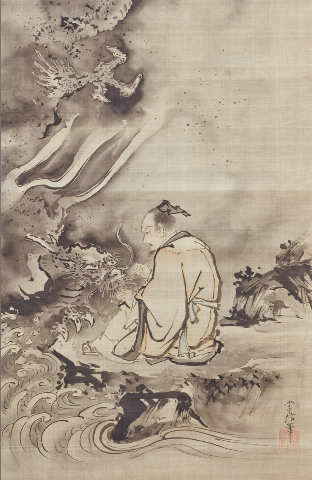 Detail of a hanging scroll featuring a kneeling man in robes and a dragon head rising out of waves