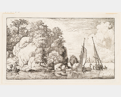 A detailed print of two ships near a rocky, wooded shore