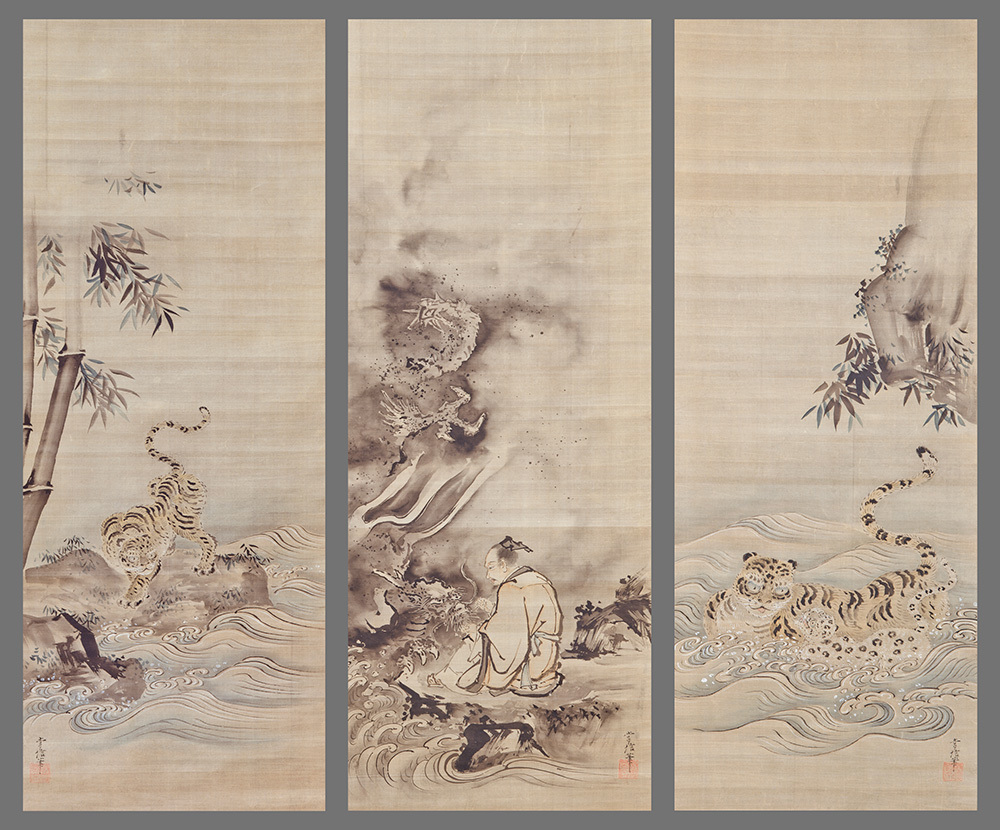 Three hanging scrolls depicting a kneeling figure surrounded by tigers and waves