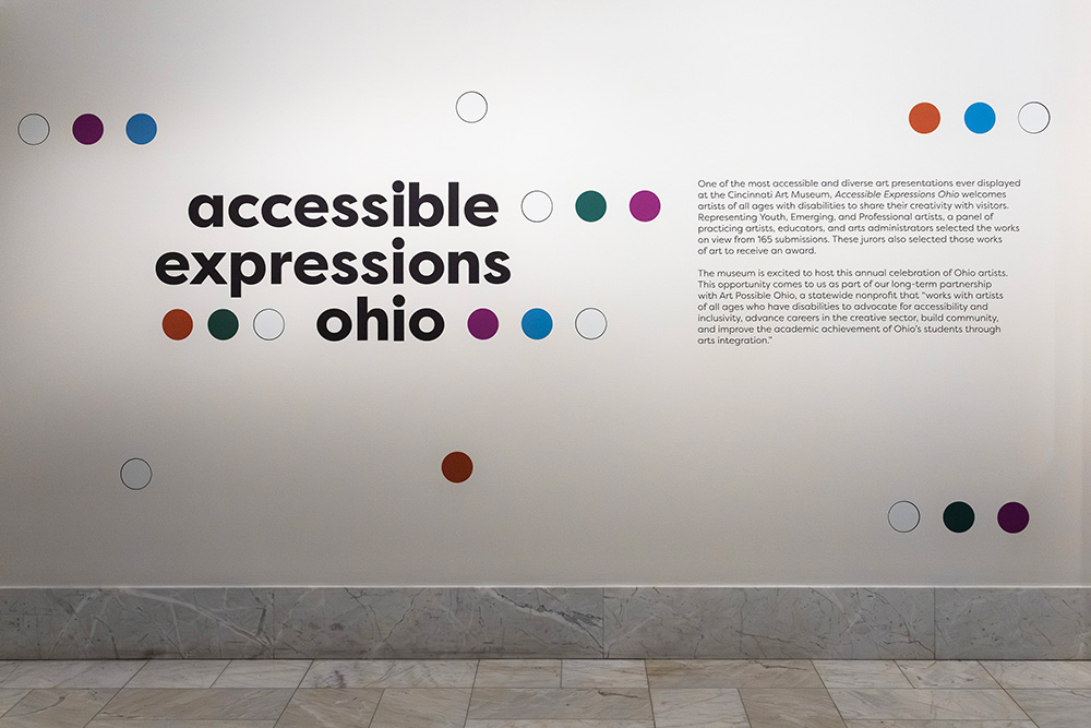 The title wall of the exhibition with text that reads "Accessible Expressions Ohio"