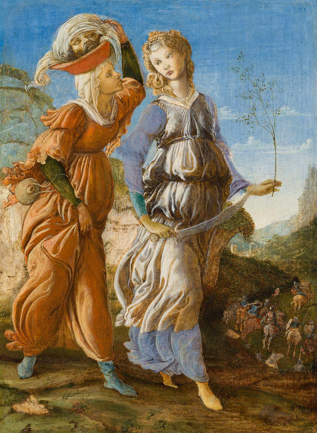 A painting of two women walking together. One has a severed head hidden in a basket on her head.