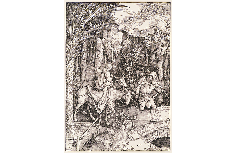 Albrecht Dürer's Flight into Egypt for Life of the Virgin, an etching depicting the Virgin Mary and Joseph traversing a foot bridge in a wooded area with exotic plants. Joseph leads a mule on foot while Mary rides, carrying the baby Jesus