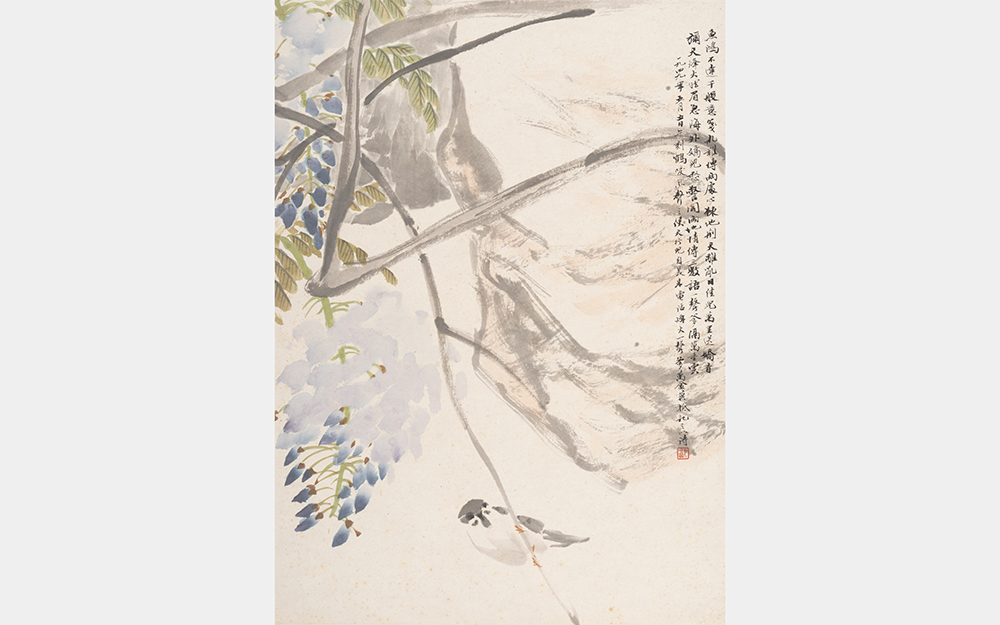 An ink painting of a small bird hanging from a branch with blue, pointy flowers.