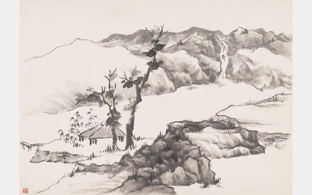 A black and white ink painting of a mountain range, valley, and house, with two tall trees by its side.