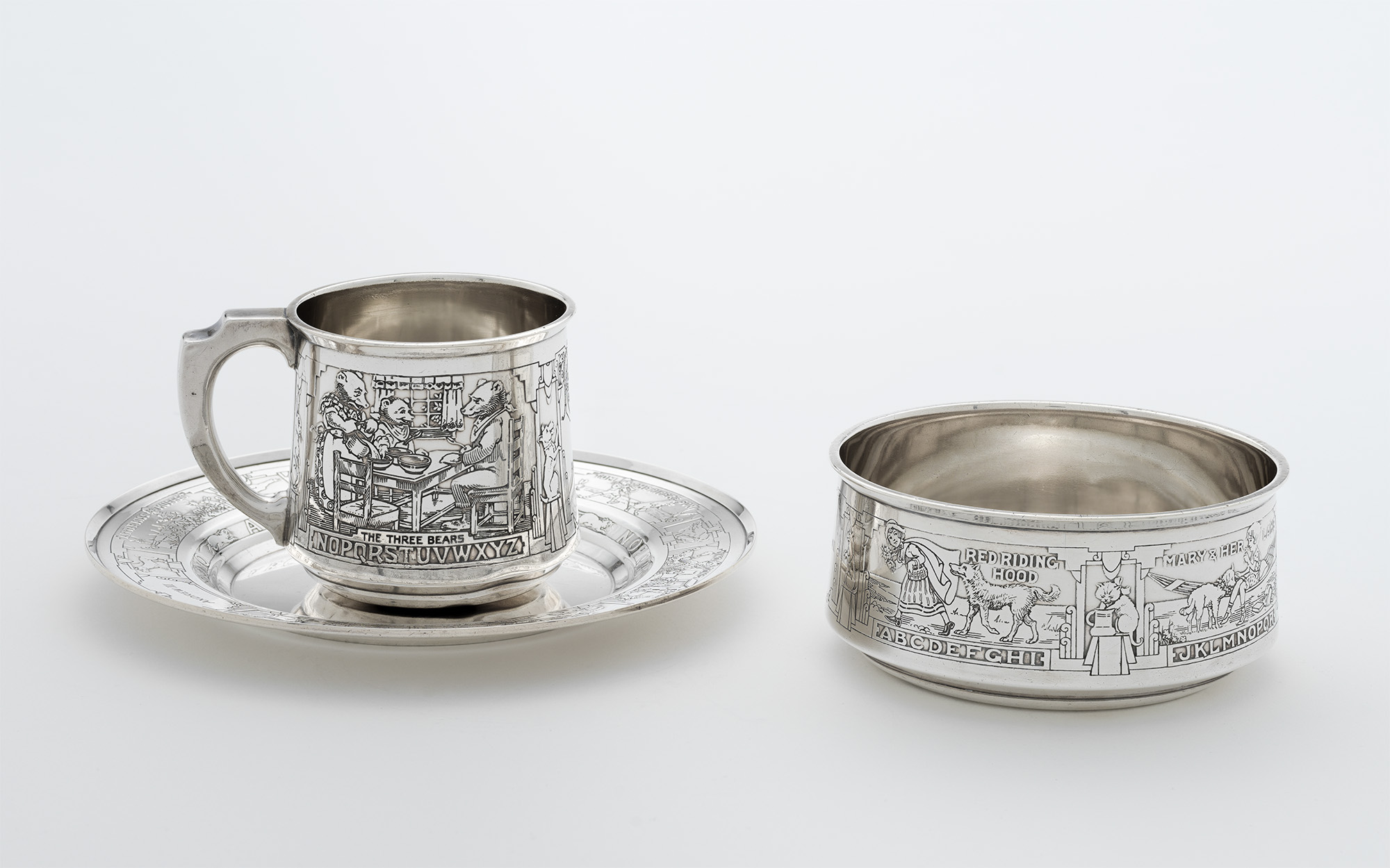 A detailed tea set depicting fairytales
