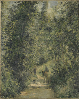 painting of a figure riding a horse on a dirt path through some trees