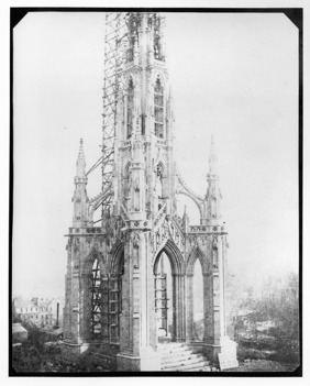 black and white photo of The Scott Monument under construction