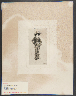 William Merritt Chase's Man in Spanish Costume, a small black and white etching of a man wearing a tall, wide-brimmed hat and tight fitted clothes