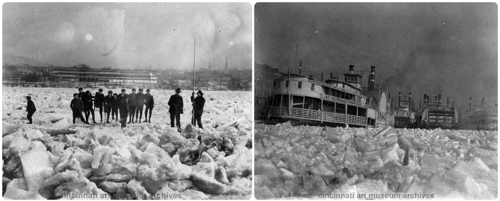 two photographs of a frozen Ohio River