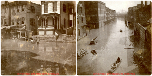 two photographs of flooded city streets