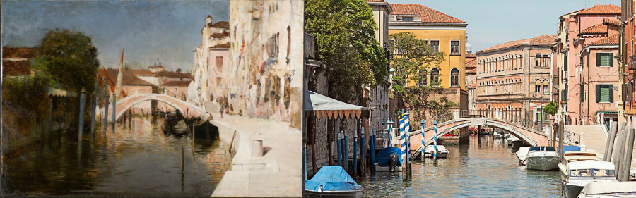 Side by side comparison of Alexander's Rio de Ognissanti and a real life photo of the Venice canal that inspired the painting