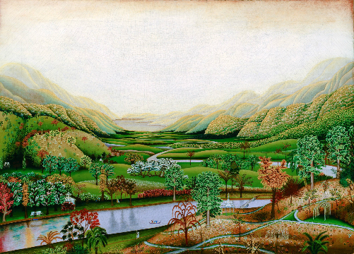 L.A. Roberts' Valley Landscape, a painting of a river valley covered in trees and green grass