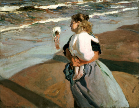 Joaquín Sorolla y Bastida's The Little Granddaughter, a painting of a woman holding a child, standing on a beach as waves roll in