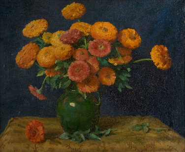 Joseph Henry Sharp's Dahlias or Still Life with Zinnias, painting of orange flowers in a green vase