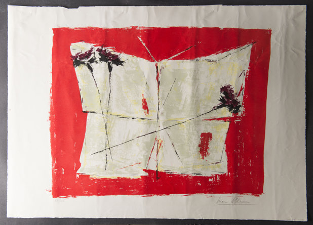 Ivan Mosca’s Butterfly with Three Carnations, an abstract painting of a white, square shaped butterfly on a red rectangle with three carnations laying on the butterfly