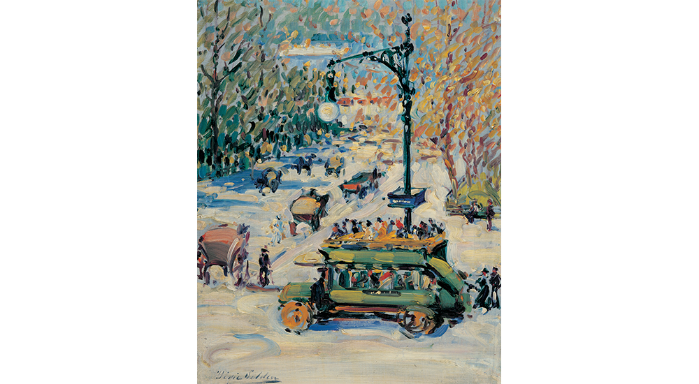 Dixie Selden's 79th St. and Riverside Drive, an impressionistic painting of a street corner with pedestrians and a tour bus