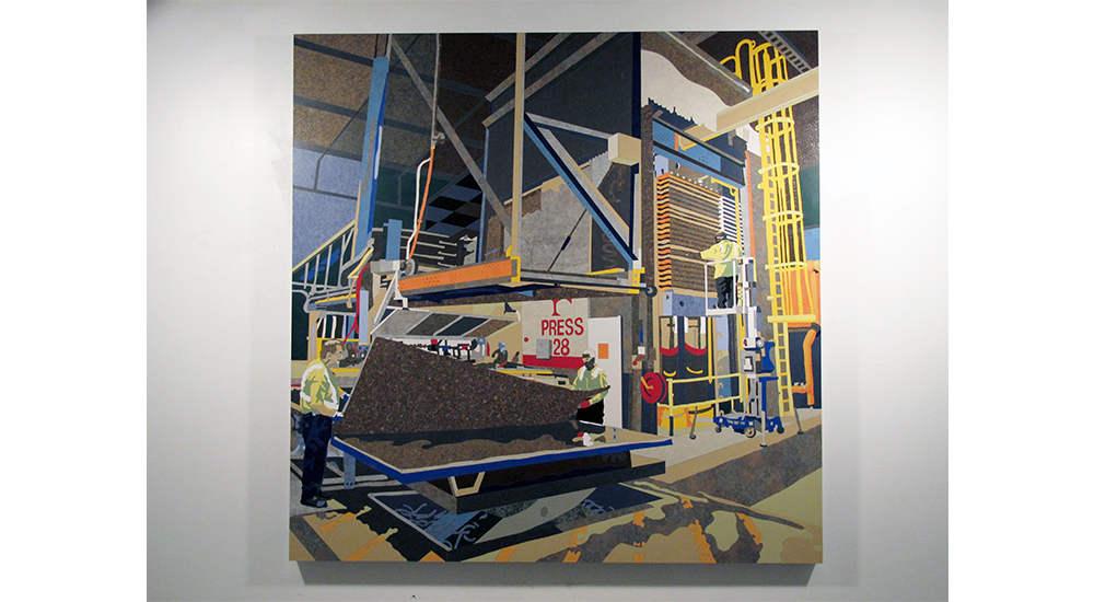 Curtis Goldstein and Matt Lynch's Formica Corporation, cut, laminate pieces of various blues, yellows, red, and grey form a construction scene inside a building