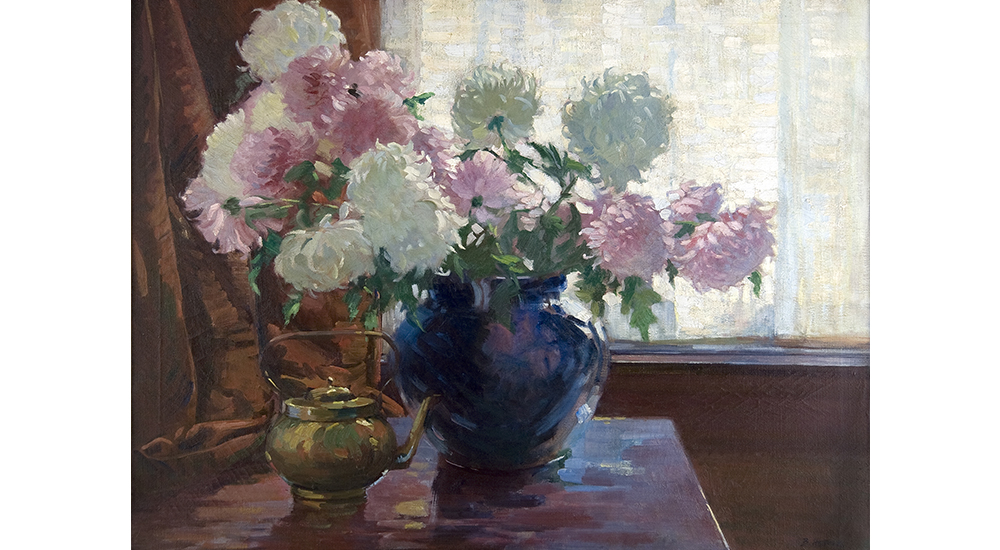 Bessie Hoover Wessel's Chrysanthemums, a painting of pink and white flowers in a blue vase places in front of a window on a table. A golden kettle sits next to the vase