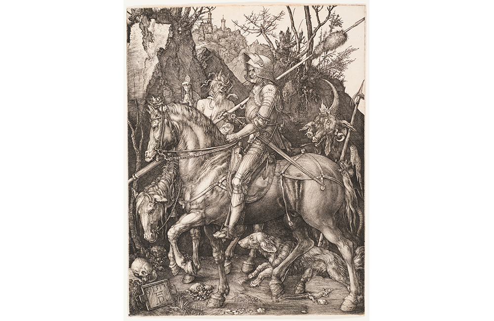 Albrecht Dürer's Knight, Death and the Devil, a black and white etching of a knight in full armor riding a horse past demonic creatures in a foreboding forest. A dog cautiously walks underneath the knight's horse 
