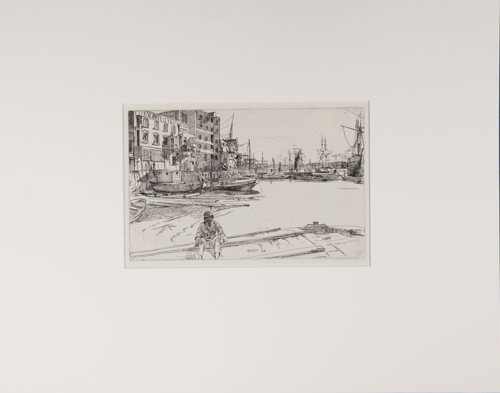 James Abbott McNeill Whistler’s Eagle Wharf, etching of a figure sitting on a dock looking out at some ships on a harbor