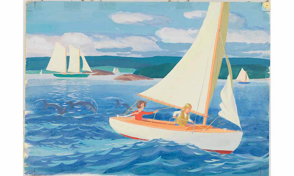 Robert McCloskey's Illustration for Time of Wonder, two girls sail through blue waves as a pod of dolphins jumps past behind them. Is the distance are other sailboats and a green hillside