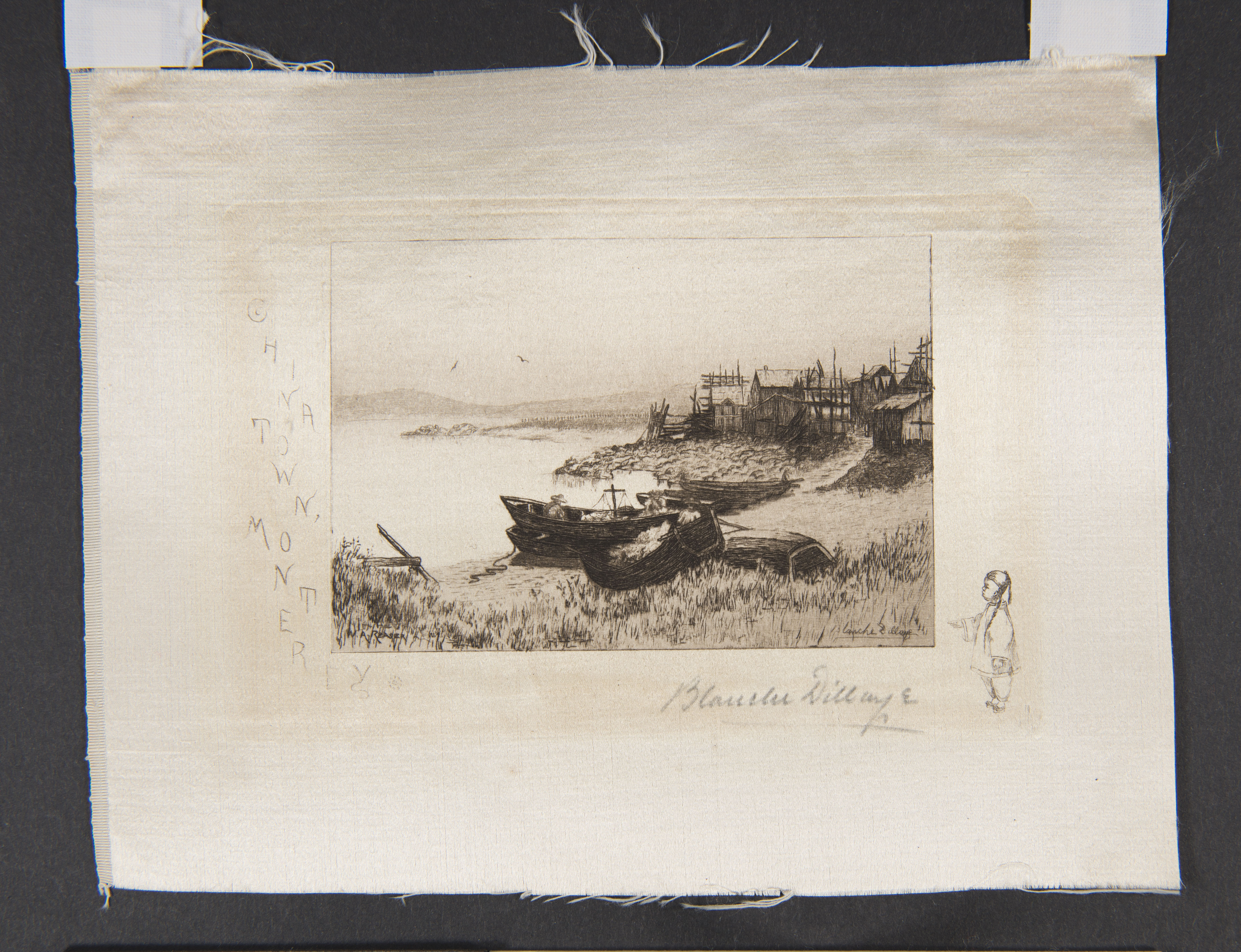 etching of some row boats sitting on a small beach with buildings in the background