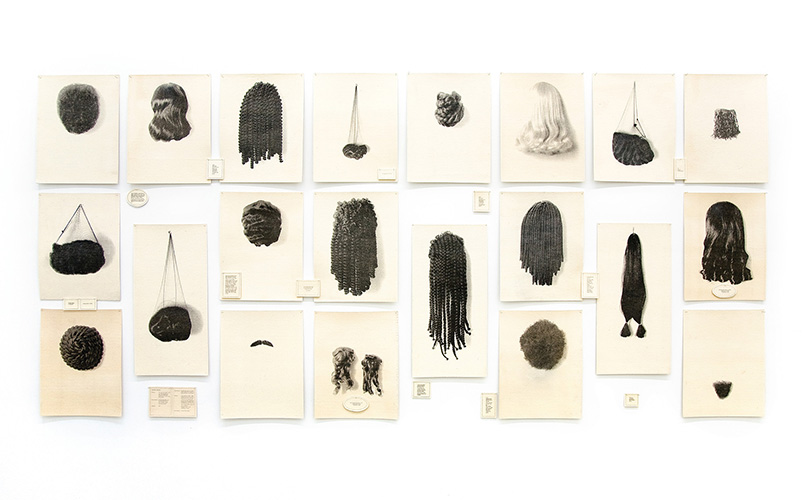 Lorna Simpson's Wigs, a series of images of wigs of varying shapes and sizes