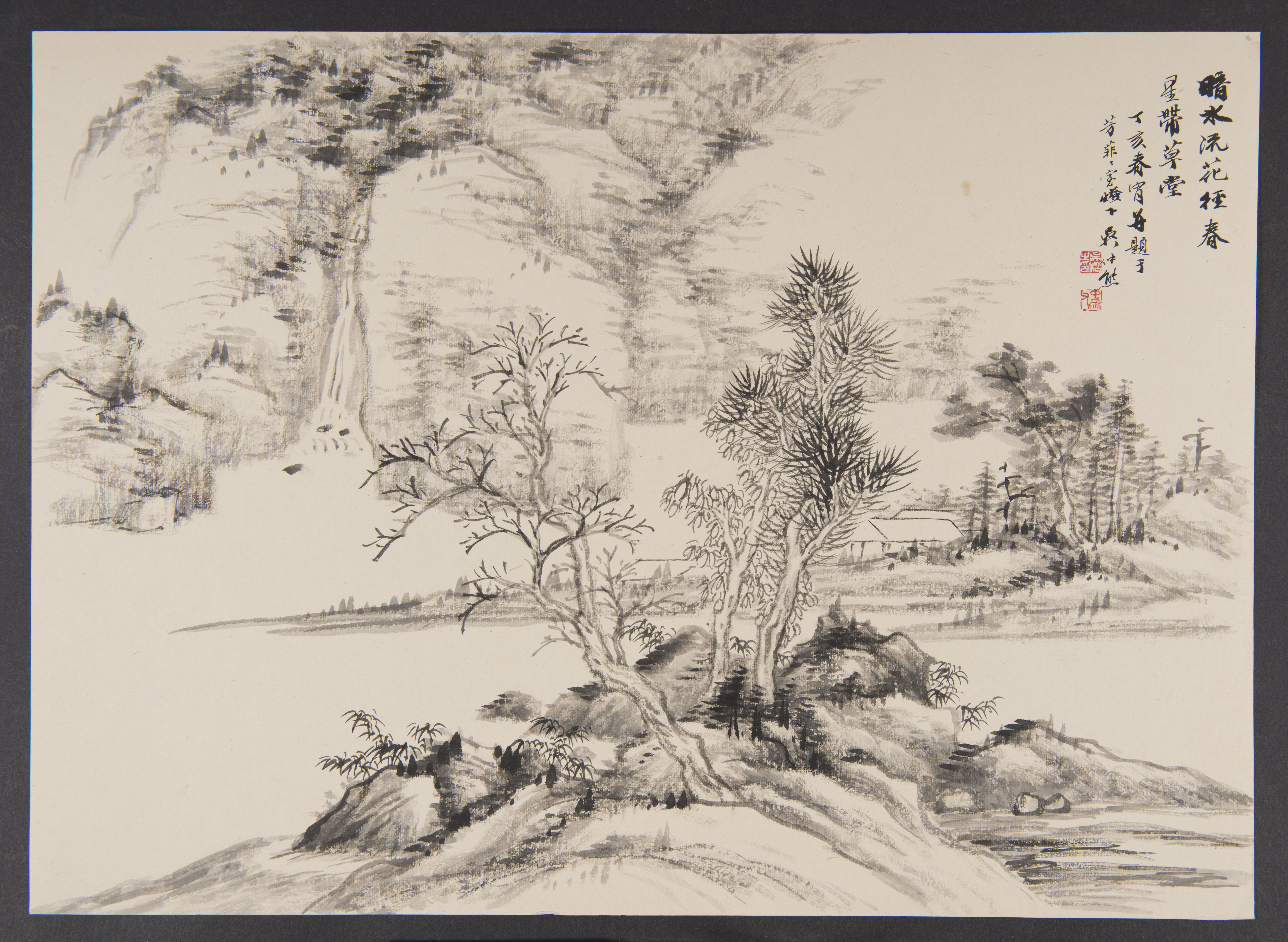 drawing of trees and buildings along a river bank