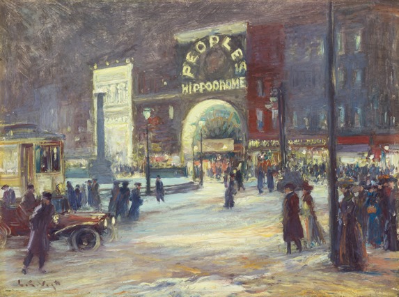 painting of a city street at night in front of a theater