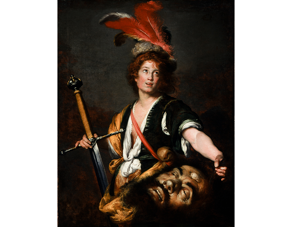 a painting of the biblical David wearing a fine feathered cap, holding the hilt of a claymore in his right hand, and the head of Goliath in his left. A small stone is embedded in the forehead of Gloliath
